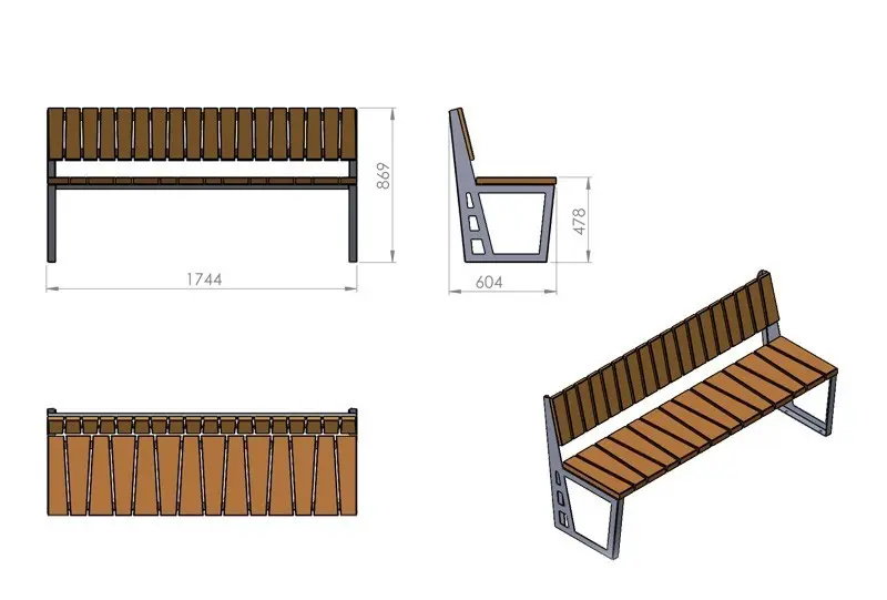 Amant penkki selkänojalla, suora moduuli mittakuva.webp