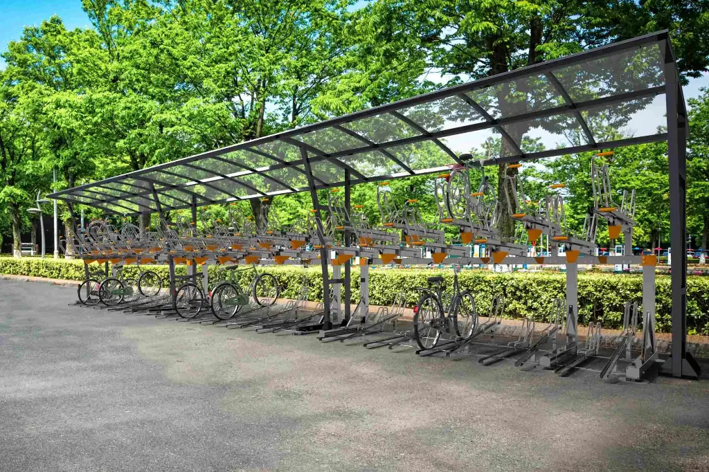 2T katosjono ja kaksikerroksinen pyöräteline, 54 pyöräpaikkaa 